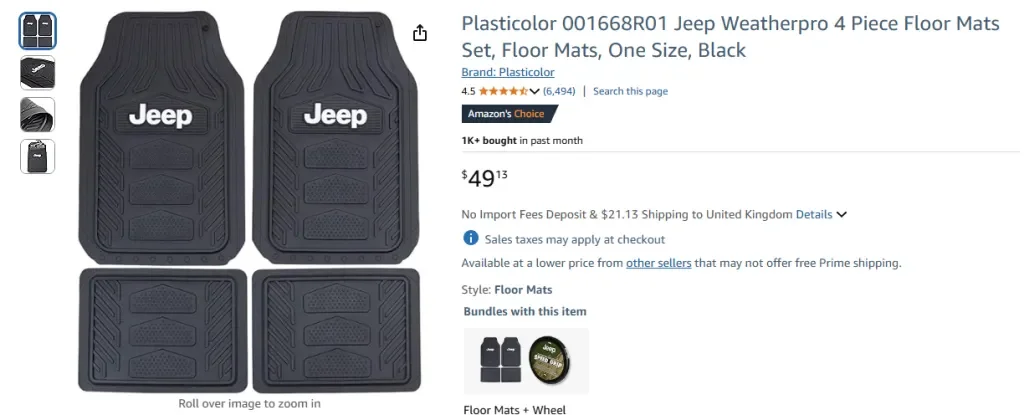 Captura de pantalla del juego de alfombrillas de 4 piezas Plasticolor 001668R01 Jeep Weatherpro