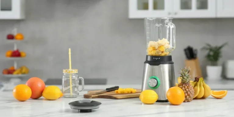 Blender with Smoothie Ingredients on White Marble Table
