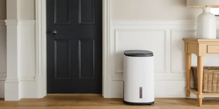 Dehumidifier in Modern Stylish Hallway Aspirational Home Living with White Panel Interior Design