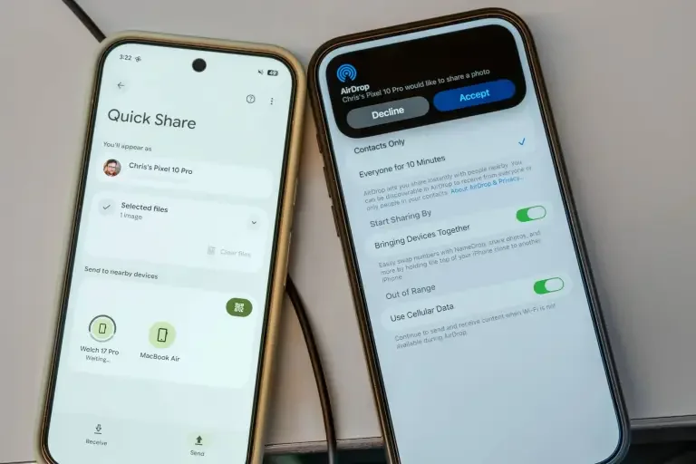 Imagem em destaque: A atualização do Quick Share do Google para o AirDrop está causando problemas no Wi-Fi do Pixel 10.