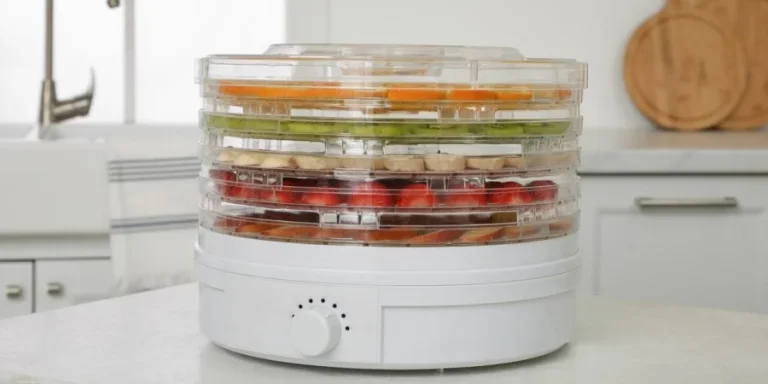 Dehydrator with different fruits and berries on white table in the kitchen