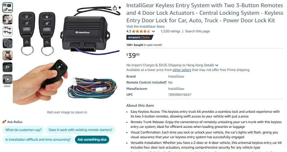 InstallGear Keyless Entry System with Two 3-Button Remotes and 4 Door Lock Actuators