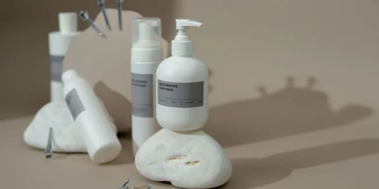 Photo d'une bouteille de masque capillaire sur un rocher