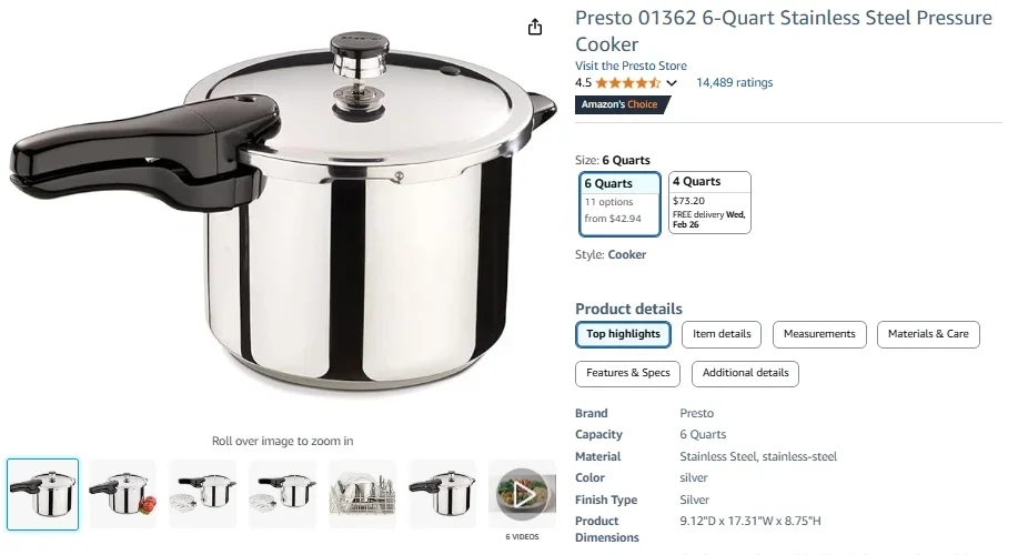 Presto 6-Quart Stainless Steel Pressure Cooker