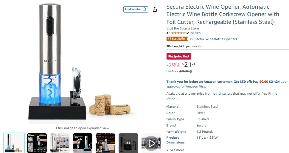 Secura Stainless Steel Electric Wine Opener with Foil Cutter