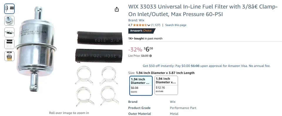 Filtro carburante universale in linea