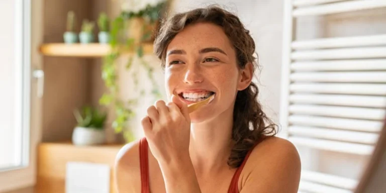 Mujer cepillándose los dientes frente al espejo