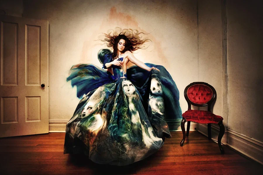 Woman wearing haute couture dress surreal art for fashion show