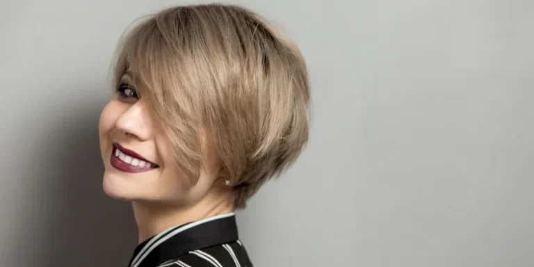 Frau mit kurzem blondem Stufenbob-Haarschnitt