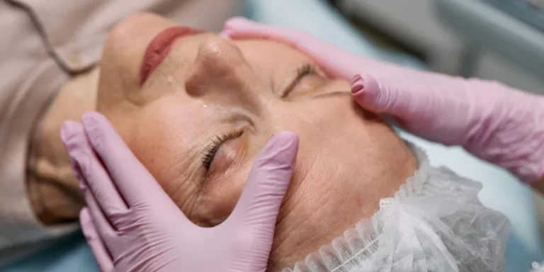 Una persona con guantes de látex tocando el rostro de una anciana con los ojos cerrados