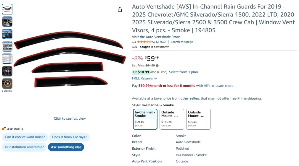 Déflecteurs de pluie AVS pour Chevrolet/GMC Silverado/Sierra Crew Cab (2019-2025)