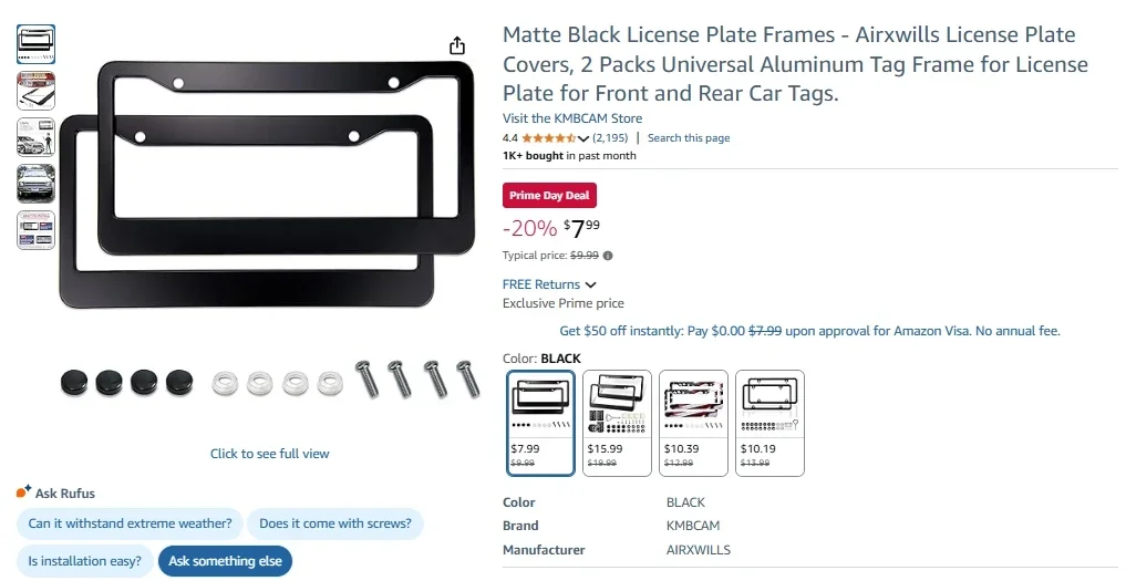 Cadres de plaque d'immatriculation Airxwills noir mat