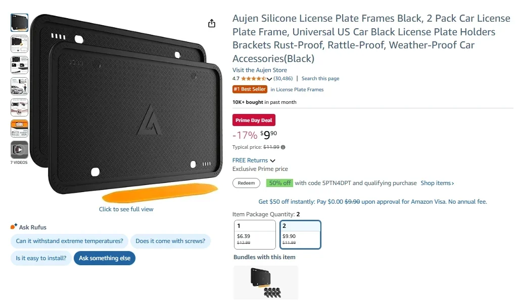 Cadres de plaque d'immatriculation en silicone Aujen (noir, paquet de 2)