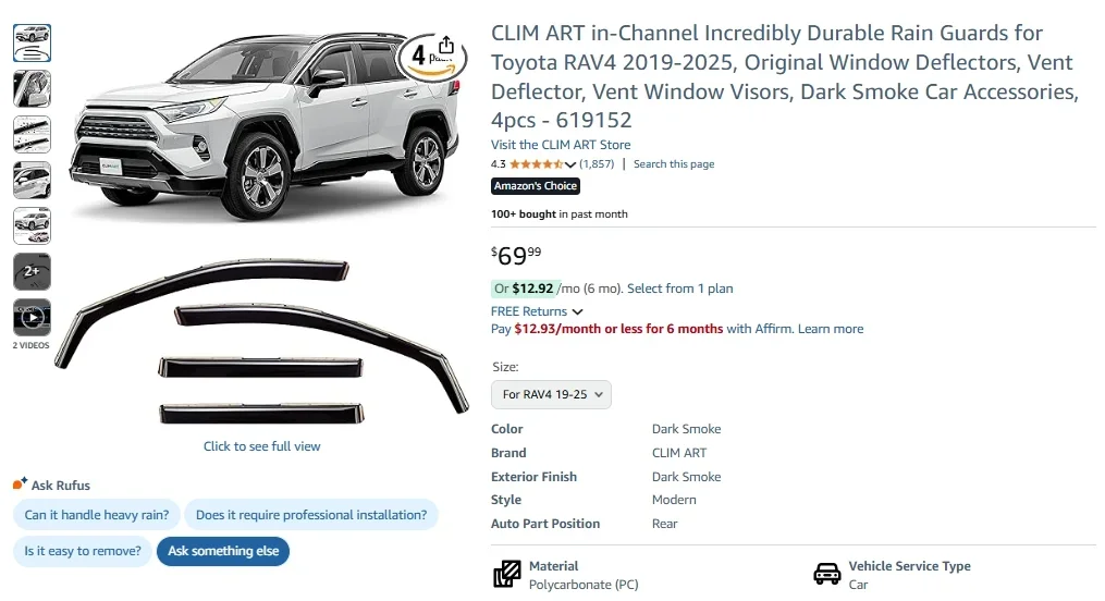 Déflecteurs de pluie CLIM ART pour Toyota RAV4 2019–2025