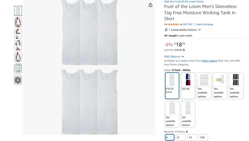 Camiseta interior sin mangas de algodón acanalado que absorbe la humedad para hombre de Fruit of the Loom