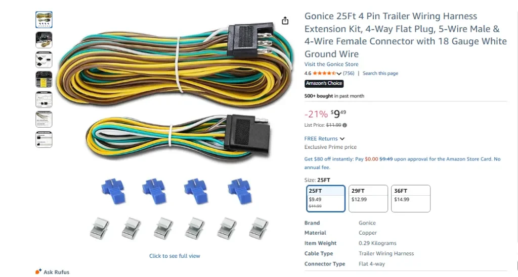 Gonice 25FT 4 Pin Trailer Wiring Harness Extension Kit