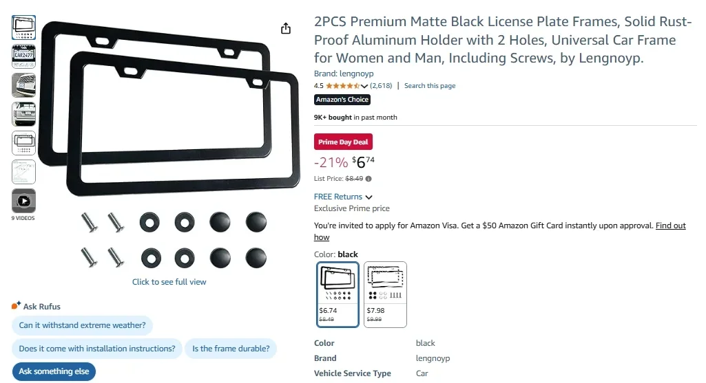 Lengnoyp Lot de 2 cadres de plaque d'immatriculation noirs mats de qualité supérieure