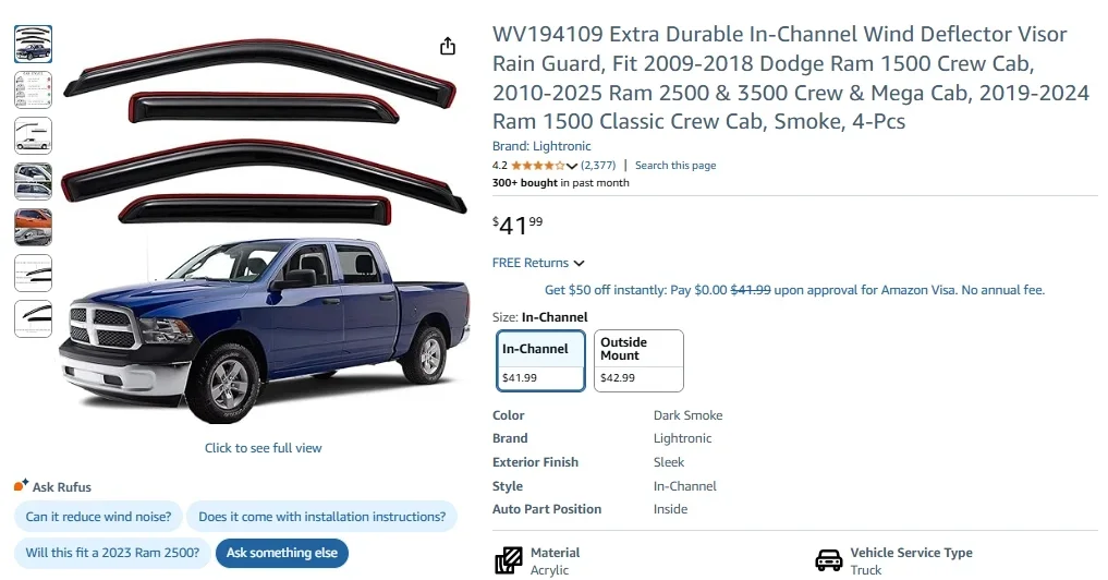 Déflecteurs d'air Lightronic WV194109 pour cabine double Ram 1500/2500/3500