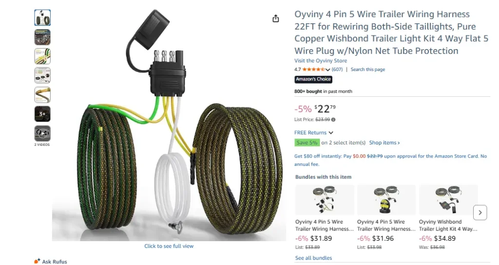 Oyviny 4 Pin 5 Wire Trailer Wiring Harness 22FT