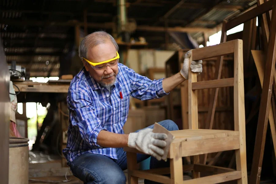 Senior Asian Carpenter Man Is Repairing Wooden Chair