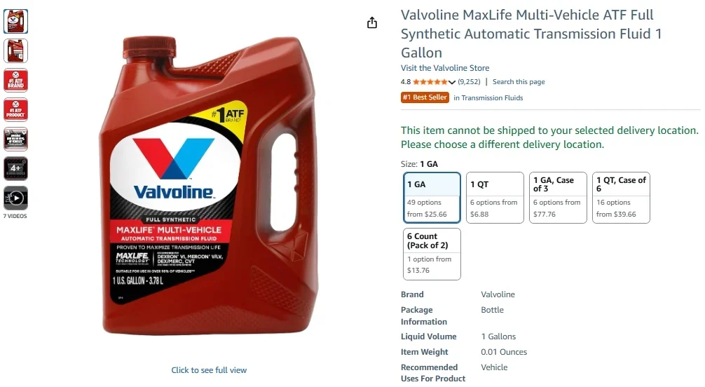 Valvoline Multi-Vehicle Full Synthetic Automatic Transmission Fluid