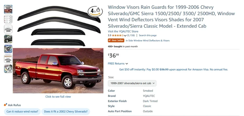 Déflecteurs de pluie pour vitres de Chevrolet Silverado/GMC Sierra cabine allongée (1999-2006)