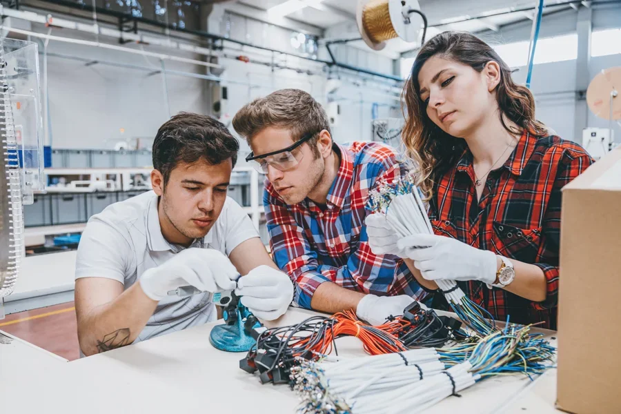 Young Industry Employees Working with Manufacturing Equipment