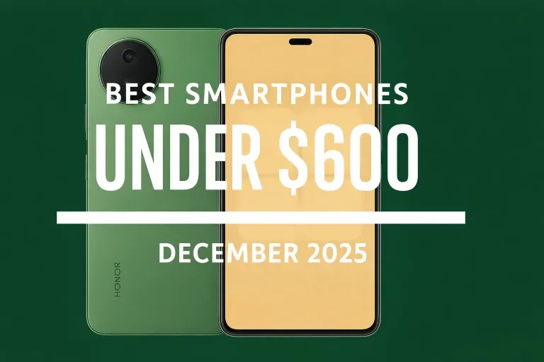 Imagen destacada de los mejores smartphones por menos de 600 $ (diciembre de 2025)